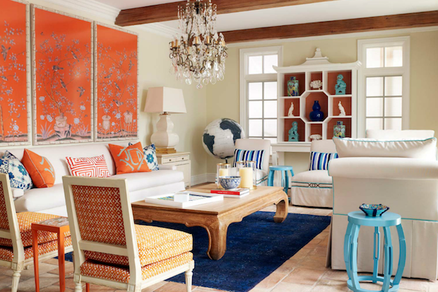 Modern Asian themed blue and orange room